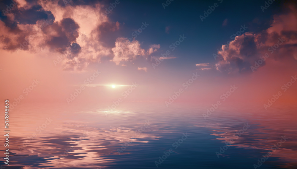 Neon sunset over the sea, reflection of a neon sunset in sea water. Fantasy sea landscape. 3D illustration.