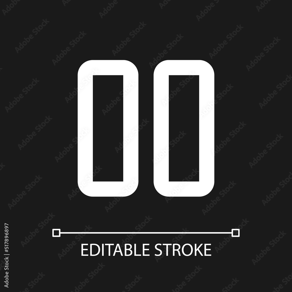 Pause button pixel perfect white linear ui icon for dark theme. Music player. Playing multimedia. Vector line pictogram. Isolated user interface symbol for night mode. Editable stroke. Arial font used Pause button pixel perfect white linear ui icon for dark theme. Music player. Playing multimedia. Vector line pictogram. Isolated user interface symbol for night mode. Editable stroke. Arial font used