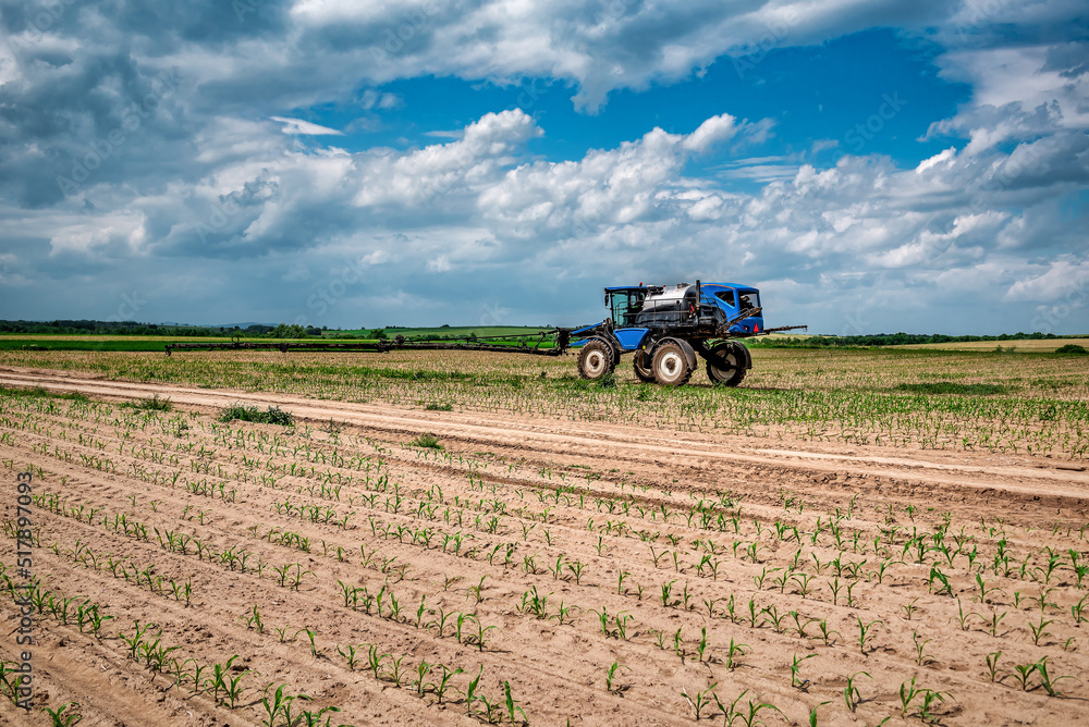 Tractor spraying pesticides on corn field with sprayer at spring Tractor spraying pesticides on corn field with sprayer at spring