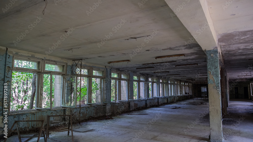 Inside destroyed abandoned building House of Culture Energetik in ghost city Pripyat after explosion fourth reactor Chernobyl nuclear power plant. Ukraine. Radiation, catastrophe Inside destroyed abandoned building House of Culture Energetik in ghost city Pripyat after explosion fourth reactor Chernobyl nuclear power plant. Ukraine. Radiation, catastrophe