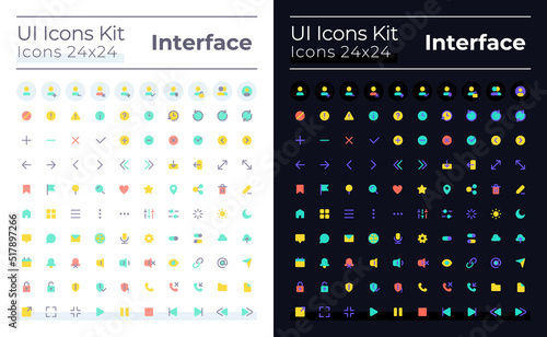 Minimalistic and simple looking flat color ui icons set for dark, light mode. Smartphone navigation. GUI, UX design for mobile app. Vector isolated RGB pictograms. Montserrat Bold, Light fonts used