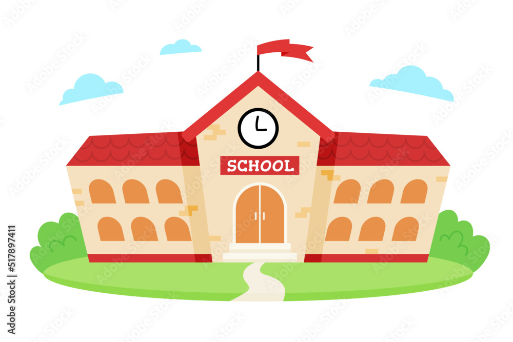 School building with red roof in the road scene School building with red roof in the road scene