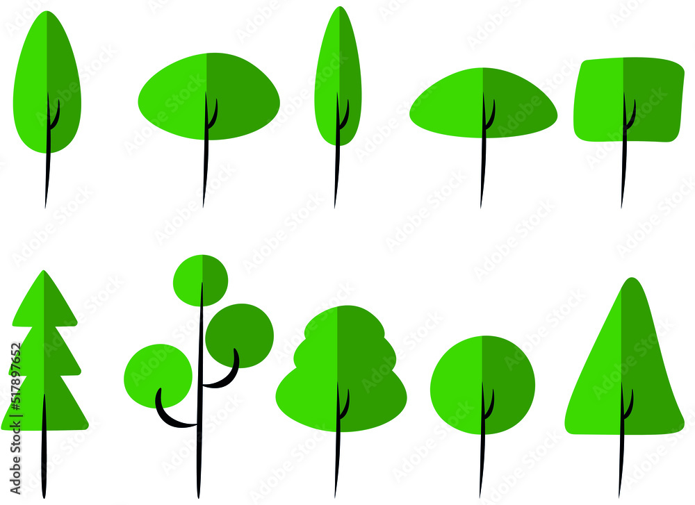 Collection of trees illustrations. Green tree nature healthy illustration vector. Set of different green trees simple and minimalist vector illustration 