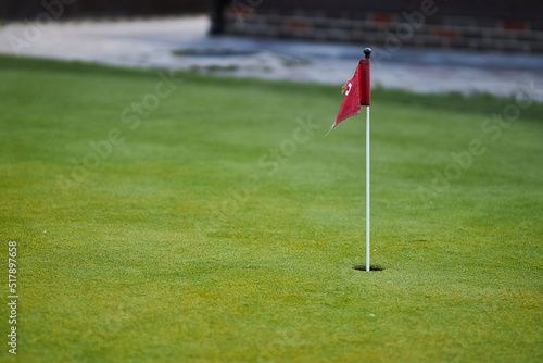 lawn with red flag golf hole. Links 