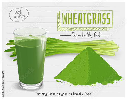 Wheatgrass vector illustration with vector glass of wheatgrass juice photo