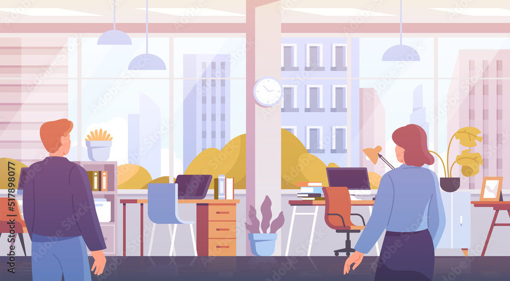 Office work concept. Young employees communicate and discuss project in business center. Man and woman work in comfortable workspace. Teamwork and partnership. Cartoon flat vector illustration Office work concept. Young employees communicate and discuss project in business center. Man and woman work in comfortable workspace. Teamwork and partnership. Cartoon flat vector illustration