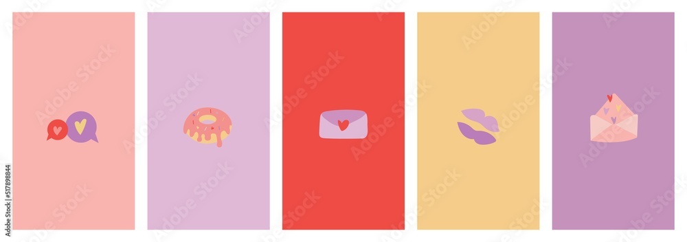 Valentine's day greeting cards set. Design elements like hearts, kiss, donut, envelope, message, speech bubbles. Love symbols for gifts, cards, posters, highlights, banners, flyiers, walls, wrapping