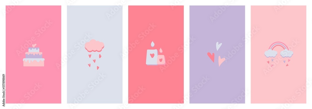 Vector set of abstract logo design templates in simple flat style - heart emblems, cloud and rainbow with hearts, cake, candles - symbols of love for highlights and social media posts