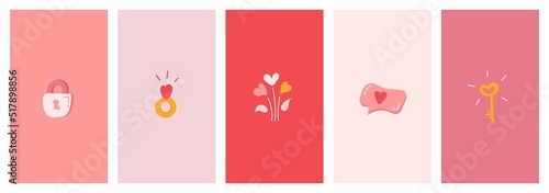 Social media poster set with simple romantic icons. Cute covers with the image of a key and a lock, a bouquet of hearts, a speech bubble with a heart, a ring. Vector clip art for valentine's day
