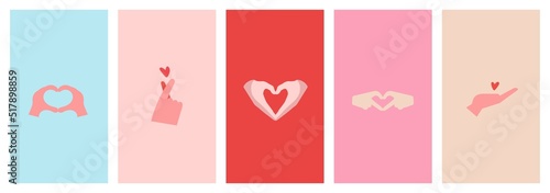Collection of posters with the image of hands in the shape of a heart. Set of posters with I love you heart sign. Set of Valentine day, message of love using hand gestures, shapes heart with both hand