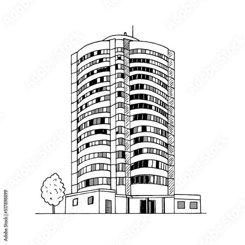 The facade of a tall apartment building, hand-painted, isolated on a white background. Vector sketch of a city house in the style of doodles.
