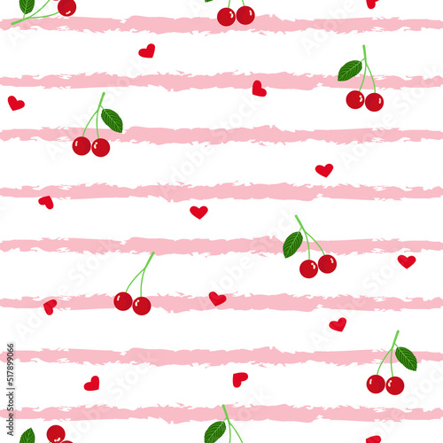 red cherry seamless pattern. pink stripes pattern. red cherries pattern. good for fabric, wallpaper, background, summer dress,  valentine, fashion.