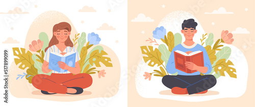 Self education and knowledge improvement concept. Set of smiling men and women sitting in flowers and reading interesting books. Study of literature or science. Cartoon flat vector collection