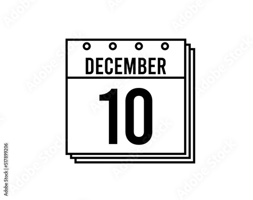 December 10 calendar. December month calendar black and white icon. Simple 3D vector.