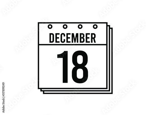 December 18 calendar. December month calendar black and white icon. Simple 3D vector.