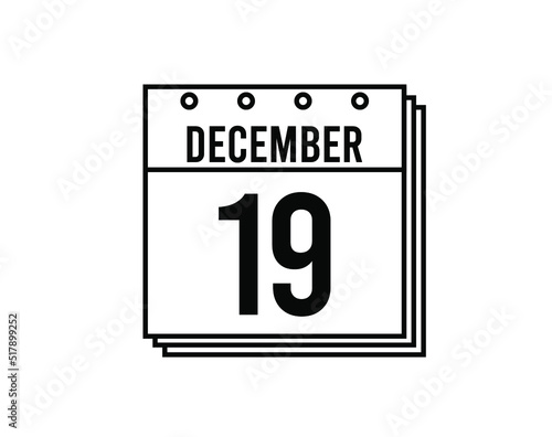 December 19 calendar. December month calendar black and white icon. Simple 3D vector.
