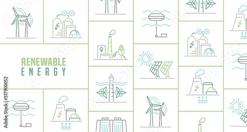 Renewable energy landscape banner. Editable vector illustration