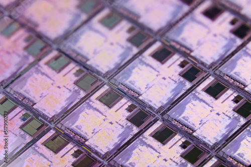 Bild auf Leinwand Silicon monocrystalline wafer with microchips after photolithography etching manufacturing used in fabrication of electronic integrated circuits
