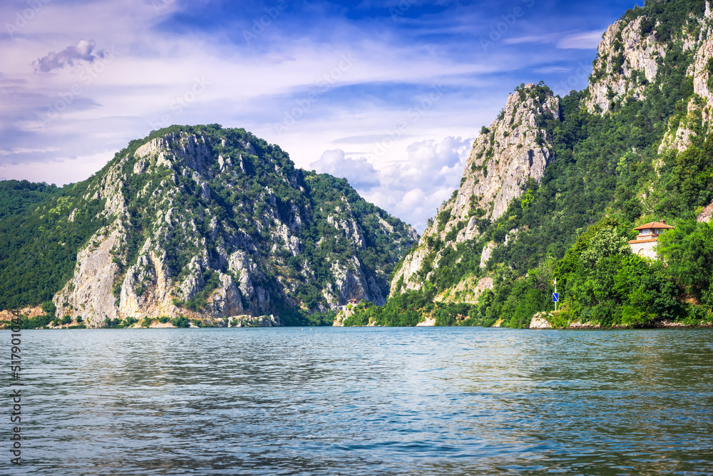 Dubova Lake, Danube River. Famous Danube gorge Iron Gates, Romania and Serbia. Dubova Lake, Danube River. Famous Danube gorge Iron Gates, Romania and Serbia.