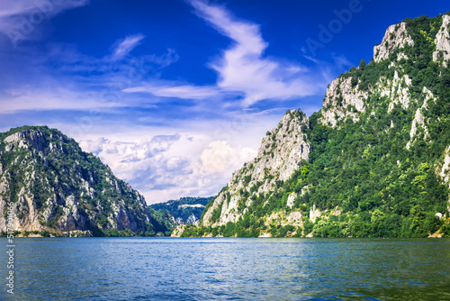 Dubova Lake, Danube River. Famous Danube gorge Iron Gates, Romania and Serbia.