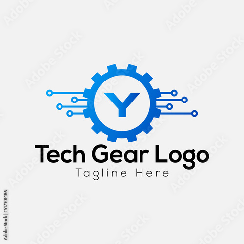 Tech Gear Logo On Letter Y Template. Tech Gear On Y Letter, Initial Tech Gear Sign Concept
