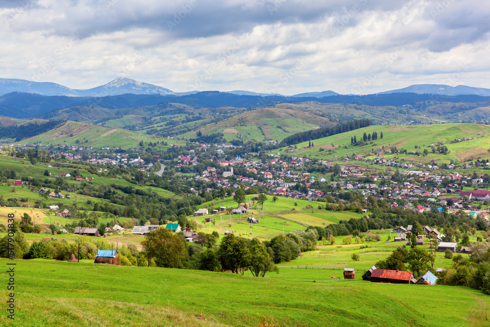 Panoramic view on Yasinia village. Carpathian mountains, Ukraine.