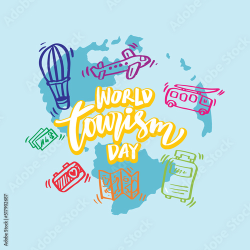 World tourism day hand lettering with travel element