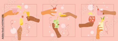 Hand holding cocktail cheers and drinking toast. Set of glasses with alcohol. Company of people celebrating in summer with cold drinks. Concept of spending weekend outdoors. Vector flat design.