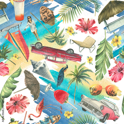 Photography Cuban print, retro cars, palm trees, pink flamingos, sea, sand, shells, flowers