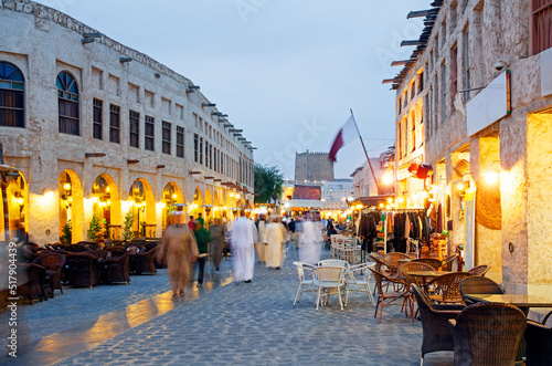 Tourists and shoppers outside the Souq Waqif in the heart of downtown Doha, Qatar