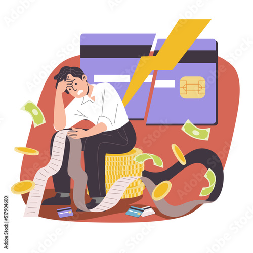 Hand-draw flat vector illustration of a man with a broken credit card, money bills, coins, and long paper in his hand. Financial and debt problem, Money management failure concept.