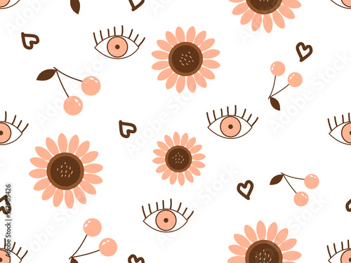 Seamless pattern with sunflower, cherries, hearts and hand drawn eye art on white background vector.