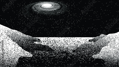 Spiral galaxy in space. Futuristic landscape, with noise texture . Night landscape .Vector illustration