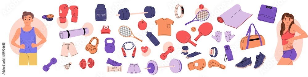 Equipment for training in the gym. Workout stuff. Clothing and equipment for sports. Flat Vector Illustration Equipment for training in the gym. Workout stuff. Clothing and equipment for sports. Flat Vector Illustration