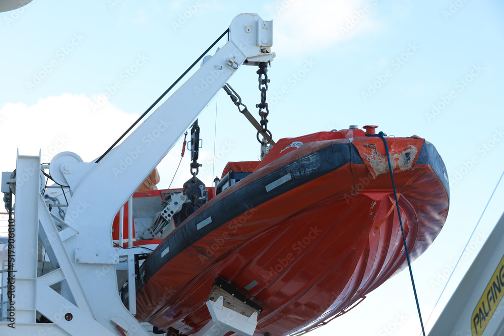 Rescue boat on a deck of the cruise ship for emergency evacuation Stock ...