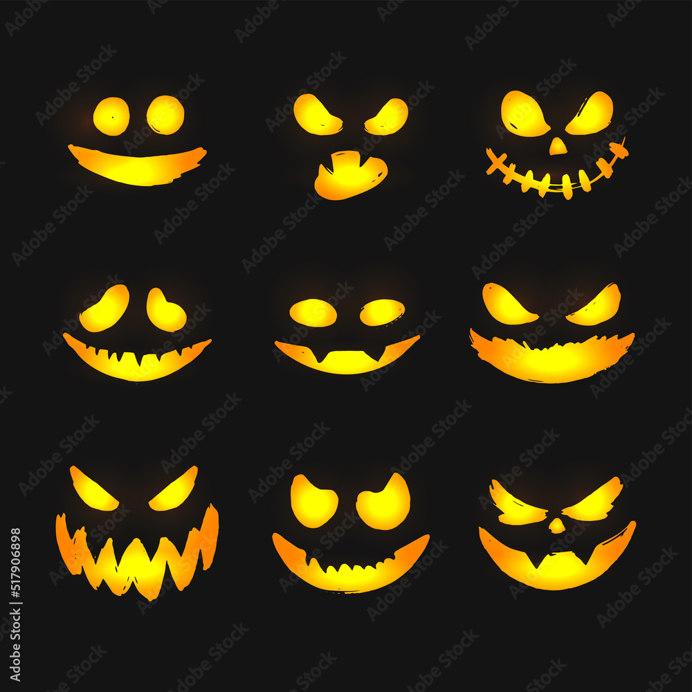 Halloween face icon set. Spooky pumpkin smile on white background. Design for the holiday Halloween. Halloween face icon set. Spooky pumpkin smile on white background. Design for the holiday Halloween.