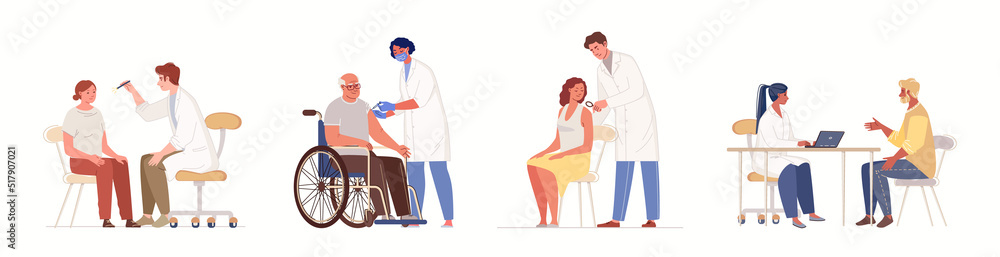 Set of situations for narrow medical professionals and patients. Doctors, nurses. Examination and diagnosis, consultation and treatment. Vector character flat cartoon illustration. Set of situations for narrow medical professionals and patients. Doctors, nurses. Examination and diagnosis, consultation and treatment. Vector character flat cartoon illustration.
