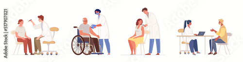 Set of situations for narrow medical professionals and patients. Doctors, nurses. Examination and diagnosis, consultation and treatment. Vector character flat cartoon illustration.