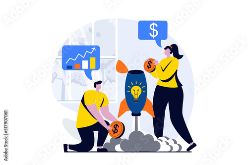 Business making concept with people scene in flat cartoon design. Businesswoman and businessman invest money in startup and launch project on market together. Vector illustration visual story for web