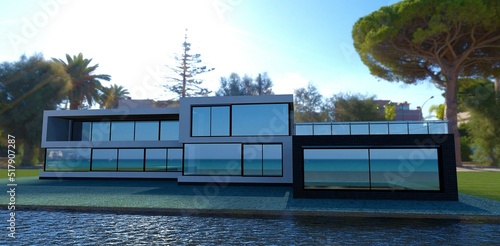 High tech luxury building on an island. Much mirror glass, white finidhing, and black brick. Pulm trees are on the background. 3d render. photo