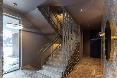 Modern marble interior of entrance hall in luxury residential building