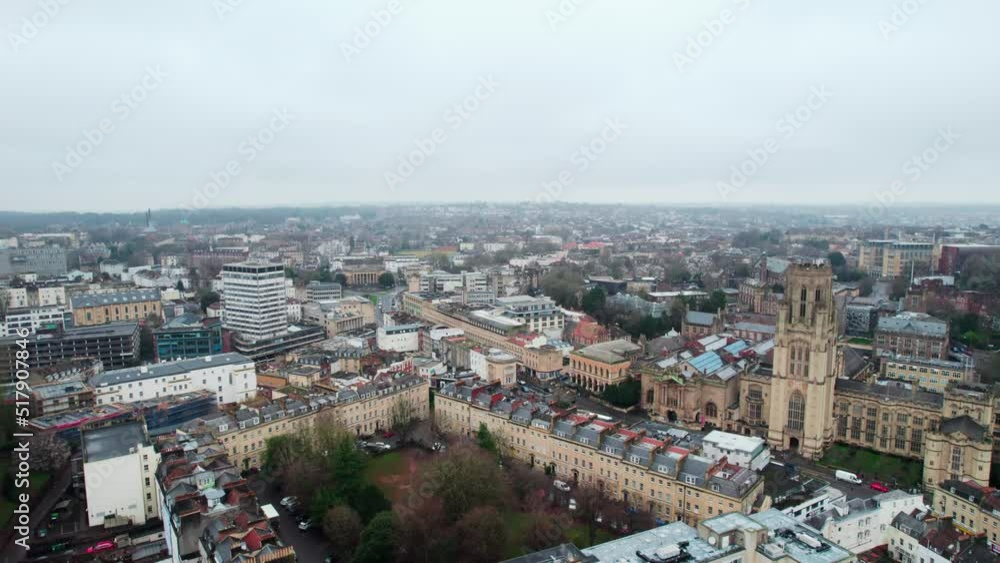 aerial drone view of Cabot Tower, Bristol University and Brandon Hill. city center aerial drone view of Cabot Tower, Bristol University and Brandon Hill. city center