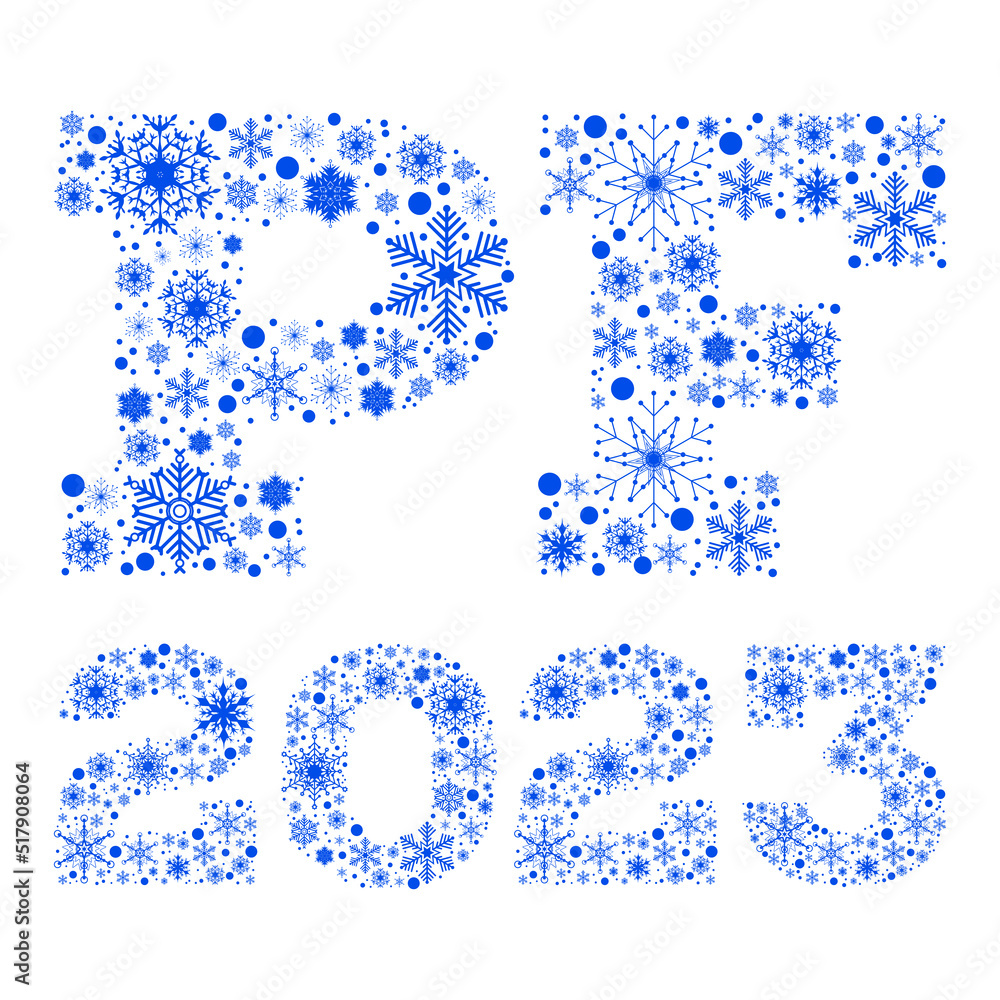 Inscription PF 2023 from blue snowflakes on white background Inscription PF 2023 from blue snowflakes on white background