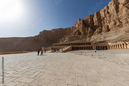 View of Hatshepsut s temple. Mortuary temple of the pharaoh of the Hatshepsut dynasty. Jeser-Jeseru is a masterpiece of ancient Egyptian architecture. The sanctuary is carved right into the rocks.