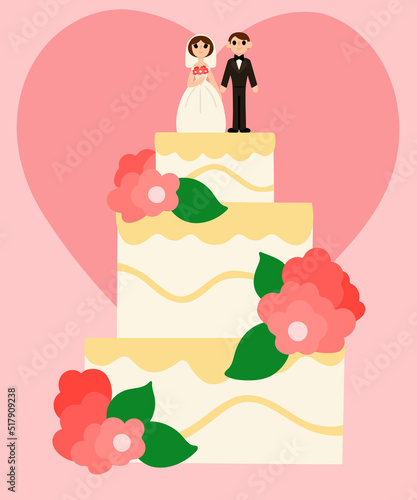Wedding card concept. Wedding cake with figurines of bride and groom on top. Image isolated on colored background with heart. Vector illustration