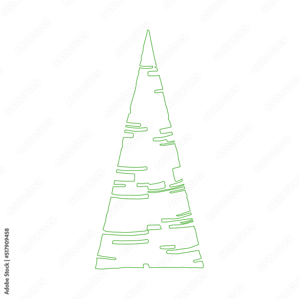 Fototapeta premium Abstract evergreen tree with lush side branches. Stylized coniferous tree. Ecology and nature symbol. Spreading crown shape. Green whimsical silhouette for winter holidays. Hand drawn isolated. 