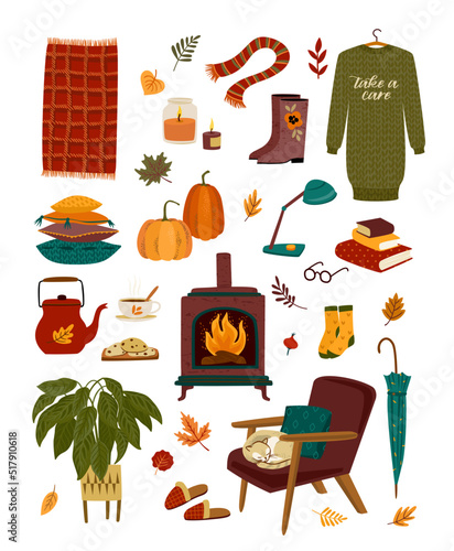 Autumn illustration with homely cute things. Vector design for card, poster, flyer, web and other
