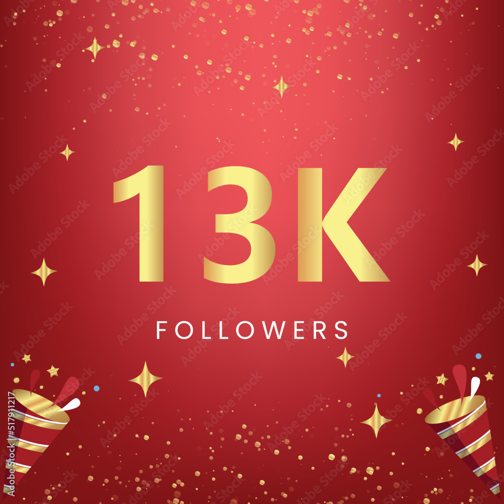 Naklejka premium Thank you 13k or 13 thousand followers with gold bokeh and star isolated on red background. Premium design for social media story, social sites posts, greeting card, social networks, poster, banner.