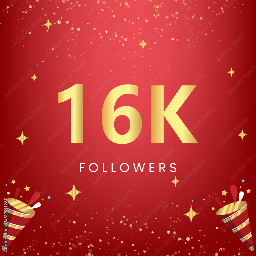 Thank you 16k or 16 thousand followers with gold bokeh and star isolated on red background. Premium design for social media story, social sites posts, greeting card, social networks, poster, banner.