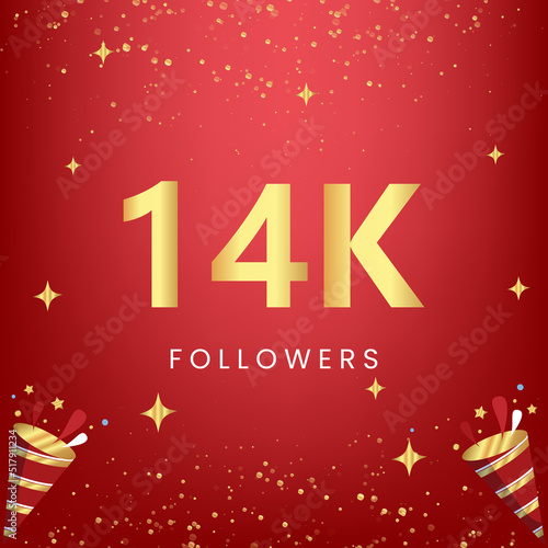 Thank you 14k or 14 thousand followers with gold bokeh and star isolated on red background. Premium design for social media story, social sites posts, greeting card, social networks, poster, banner.